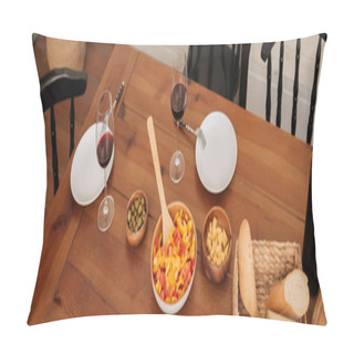 Personality  High Angle View Of Served Table With Vegetarian Dinner, Wine Glasses And Baguette In Kitchen, Banner Pillow Covers