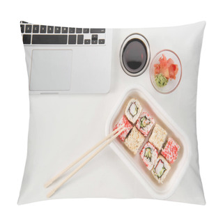 Personality  Top View Of Open Laptop And Sushi Rolls With Wasabi And Soy Sauce At Workplace Pillow Covers