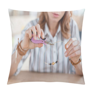 Personality  Young Woman Making Necklace With Linesman Pliers In Workshop Pillow Covers