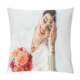 Personality  Young Joyful Indian Bride With Mehndi Holding Bouquet Of Flowers On White Pillow Covers