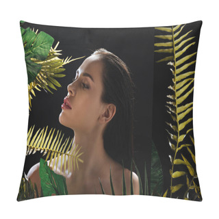 Personality  Collage Of Beautiful Woman With Green Leaves On Black Pillow Covers