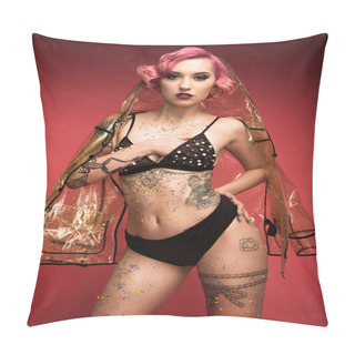 Personality  Beautiful Pink Haired Girl With Tattoos In Lingerie And Raincoat Infront Of Red Background Pillow Covers