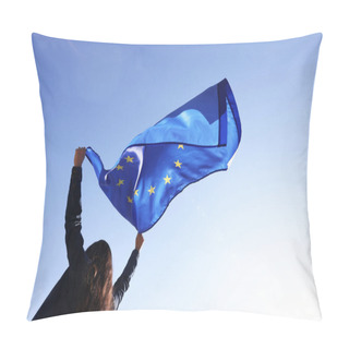 Personality  Woman Holding European Union Flag Against Blue Sky Outdoors, Low Angle View Pillow Covers
