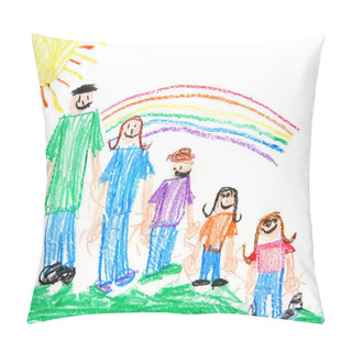 Personality  Kids Primitive Crayon Drawing Of A Famil Pillow Covers