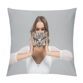 Personality  Curly Young Woman In White Outfit Covering Face While Holding Purse With Animal Print Isolated On Grey Pillow Covers