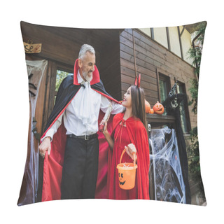 Personality  Excited Man Near Happy Daughter In Devil Costume On House Porch Pillow Covers