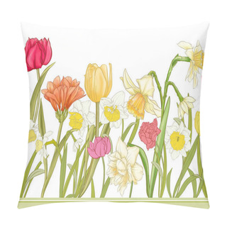 Personality  White Daffodils And Tulips Flowers, The Early Spring Flowers. Seamless Border Pattern, Linear Ornament, Ribbon Vector Illustration. In Botanical Style Pillow Covers
