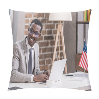 Personality  African American Businessman Using Laptop And Smiling In Office  Pillow Covers