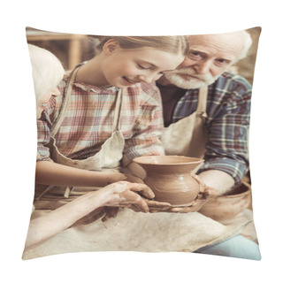 Personality  Grandmother And Grandfather With Granddaughter Making Pottery At Workshop Pillow Covers