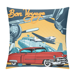 Personality  Retro Red Car On The Runway Pop Art Retro Style Pillow Covers