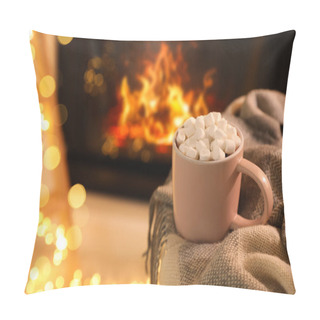 Personality  Cup Of Hot Drink With Marshmallows Near Fireplace At Home. Space For Text Pillow Covers