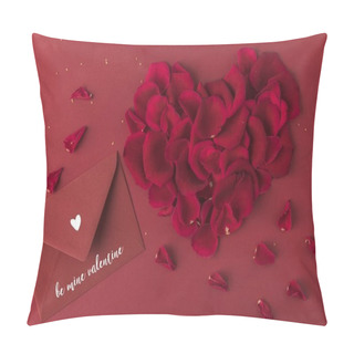 Personality  Top View Of Heart Made Of Roses Petals And Envelope Isolated On Red, St Valentines Day Concept Pillow Covers