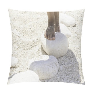 Personality  A Closeup View On The Bare Feet Of A Young Child Playing And Standing On White Stones On A Sandy Beach During Summer Vacation, Stepping Stones With Room For Copy. Pillow Covers