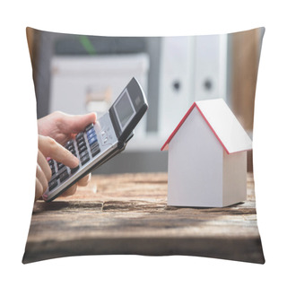 Personality  Human Hand Using Calculator With House Model On Wooden Desk Pillow Covers