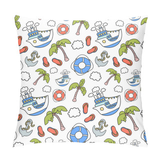 Personality  Cruise Liner Trip To Tropical Island. Vector Seamless Pattern On White Background. Marine Vacation Activity Seamless Pattern Tile. Tropical Island Holiday Cruise. Cartoon Style Freehand Doodle Pillow Covers