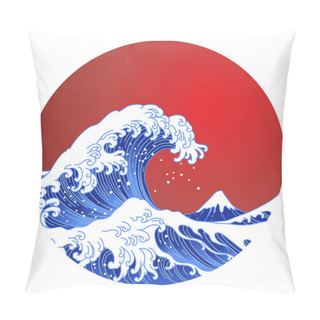 Personality  Japan Oriental Great Wave In Sun Shape Vector.Big Asian Ocean Wave, Red Sun And The Mountain Illustration. Ocean Of Kanagawa.Isolated On Red Sun Background.  Pillow Covers