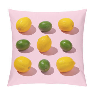 Personality  Limes And Lemons Arrangement On Pastel Pink Background. Creative Summer Isometric Concept. Pillow Covers