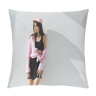 Personality  Young Armenian Woman In Black Top And Mini Skirt Standing Near White Wall With Shadows   Pillow Covers