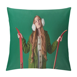 Personality  Cold Air, Preteen Kid In Ear Muffs And Winter Outfit Breathing And Holding Red Skis On Turquoise Pillow Covers