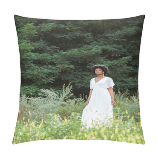 Personality  Selective Focus Of Beautiful African American Girl In Field With Wildflowers  Pillow Covers