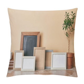 Personality  Various Photo Frames, Cup Of Drink, Books And Plant On Table On Beige Background Pillow Covers