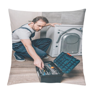 Personality  Craftsman Taking Tools From Toolbox While Repairing Washing Machine In Bathroom Pillow Covers