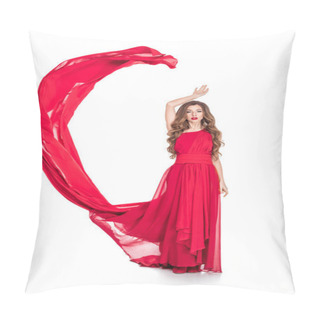 Personality  Glamorous Attractive Girl Posing In Fashionable Dress With Red Veil, Isolated On White Pillow Covers