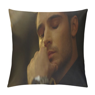 Personality  Handsome Man Face Looking Distance Inside. Thoughtful Guy Touching Chin Indoors. Pillow Covers