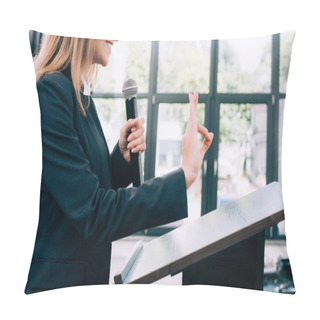 Personality  Cropped Image Of Lecturer Showing Okay Gesture At Podium Tribune During Seminar In Conference Hall Pillow Covers