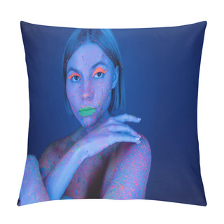 Personality  Nude Woman In Vibrant Body Paint And Neon Makeup Looking At Camera Isolated On Dark Blue Pillow Covers