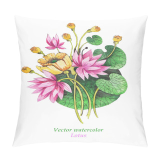 Personality  Original Art, Watercolor Painting Of Pink Lotus And Nenuphar Pillow Covers