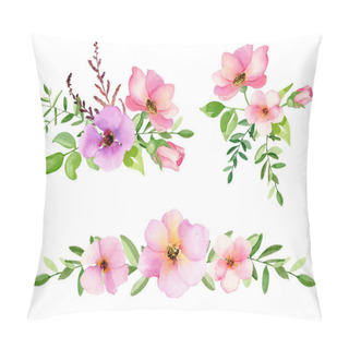 Personality  Hand Drawn Watercolor Pink Rose Hips Set. Pink Rose Flowers And Leaves Isolated On White.  Pillow Covers