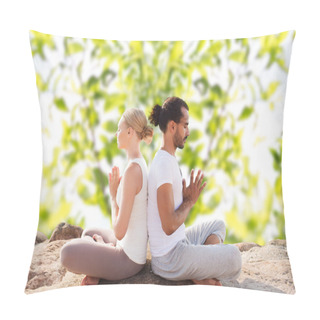 Personality  Smiling Couple Making Yoga Exercises Outdoors Pillow Covers