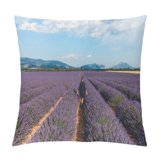Personality  Back View Of Girl Walking Between Rows Of Blooming Lavender Flowers In Provence, France Pillow Covers