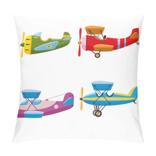 Personality  Set Of Airplanes Aircraft Different Colour. Retro, Personal, Speed, Biplane, Monoplane. Vector Isolated Cartoon Style Pillow Covers