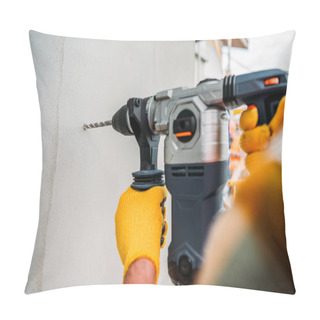 Personality  Cropped Shot Of Builder Using Power Drill At Construction Site Pillow Covers