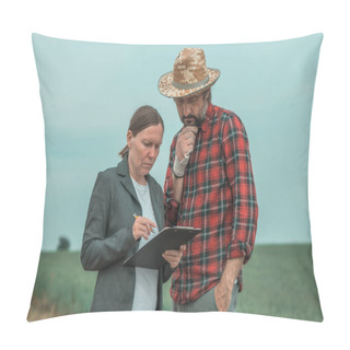 Personality  Banker And Farmer Negotiating Bank Agriculture Loan In Green Wheat Field, Selective Focus Pillow Covers