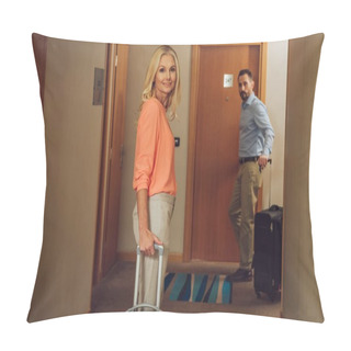 Personality  Middle Aged Couple With Suitcases Looking At Camera On Hotel Corridor  Pillow Covers