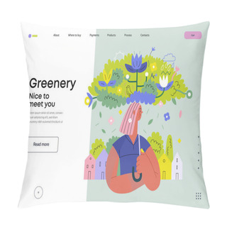 Personality  Greenery, Ecology -modern Flat Vector Concept Illustration Of A Woman Under The Green Lush Umbrella Of Plants And Flowers. Metaphor Of Environmental Sustainability And Protection, Closeness To Nature Pillow Covers