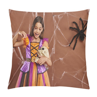 Personality  Smiling Girl In Halloween Costume Holding Pumpkins And Skull On Brown Backdrop, Spooky Season Pillow Covers
