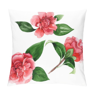 Personality  Pink Camellia Flowers With Green Leaves Isolated On White. Watercolor Background Illustration Elements. Pillow Covers