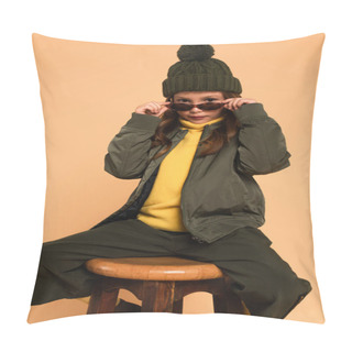 Personality  Child In Trendy Autumn Outfit Looking At Camera Over Stylish Sunglasses Isolated On Beige Pillow Covers