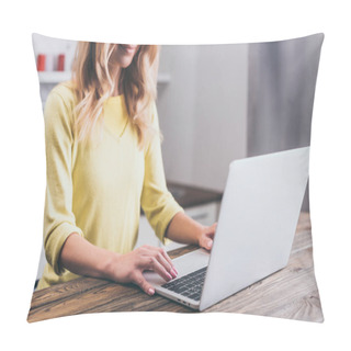 Personality  Cropped View Of Smiling Woman Typing On Laptop At Home Pillow Covers