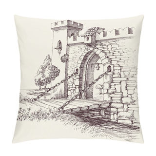 Personality  Old City Citadel Stone Gate, Wooden Bridge Over River Artistic Hand Drawing Pillow Covers