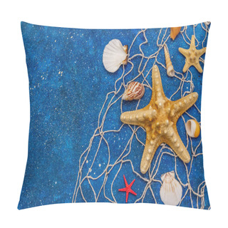 Personality  Seashells Summer Background. Lots Of Different Seashells Piled Together, Sea Stars, Fishing Net. Navy Blue Nautical Background, Top View Pillow Covers