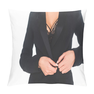 Personality  Cropped View Of Businesswoman In Formal Wear With Open Neckline And Black Underwear Isolated On White Pillow Covers