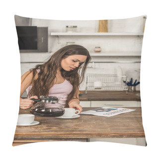 Personality  Beautiful Woman Reading Business Newspaper And Pouring Coffee Into Cup In Morning At Kitchen Pillow Covers