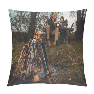 Personality  Father And Son Drinking Tea At Bonfire Pillow Covers