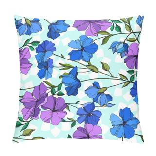 Personality  Vector Flax Floral Botanical Flowers. Blue And Violet Engraved Ink Art. Seamless Background Pattern. Pillow Covers