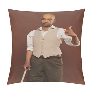 Personality  Inclusion, African American Man With Myasthenia Gravis Syndrome Standing And Leaning On Walking Cane, Looking At Camera, Bold Dark Skinned Man With Chronic Disease Showing Like On Brown Background  Pillow Covers